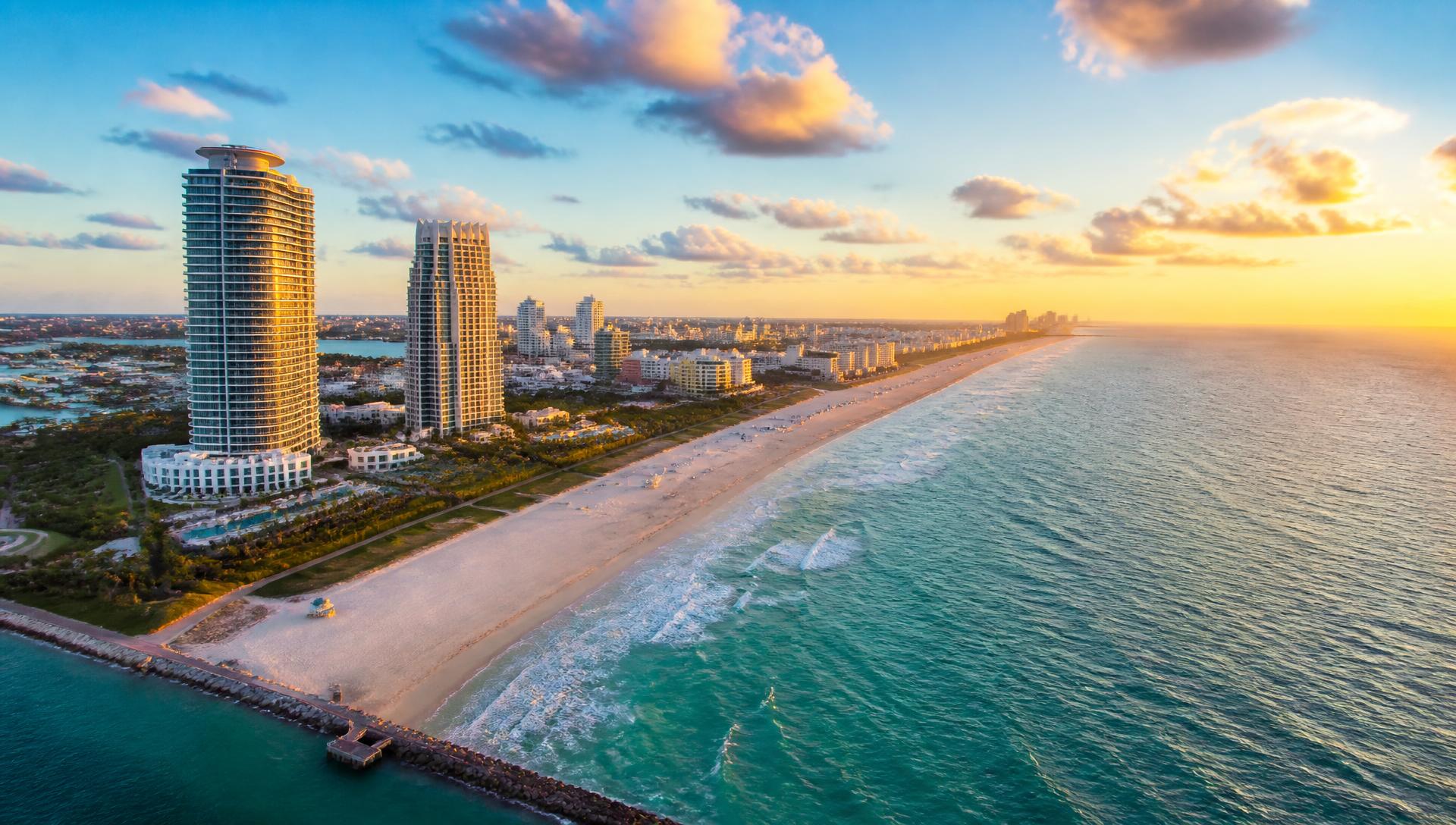 Aerial view of the Miami Beach coastline at golden hour